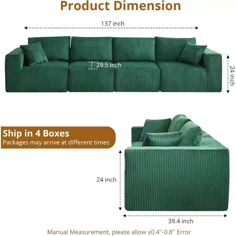 Divano componibile modulare a 4 posti con penisola, tessuto in velluto a coste, convertibile in letto, 348 cm