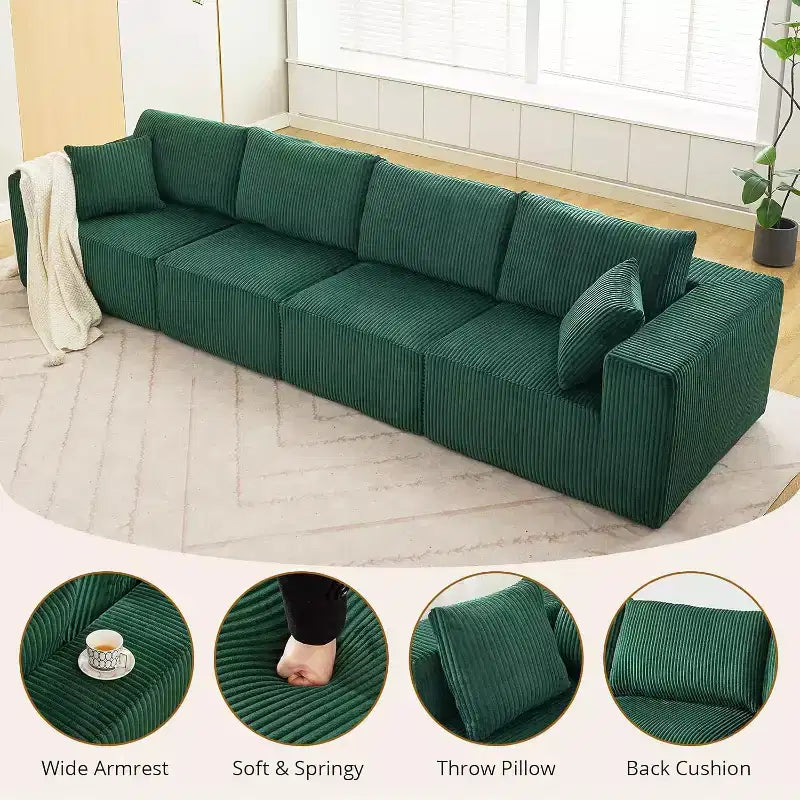 Divano componibile modulare a 4 posti con penisola, tessuto in velluto a coste, convertibile in letto, 348 cm