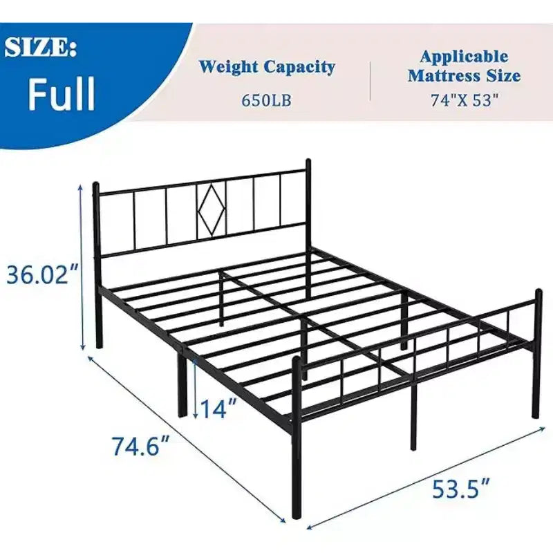 Struttura letto a piattaforma in metallo Full Size con testiera, pediera e contenitore sotto il letto