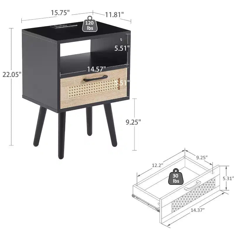 Tavolino da salotto con cassetto in rattan e gambe in legno massello, Nero