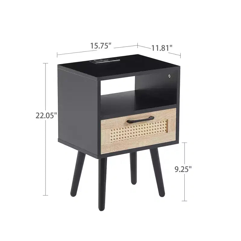 Tavolino da salotto con cassetto in rattan e gambe in legno massello, Nero