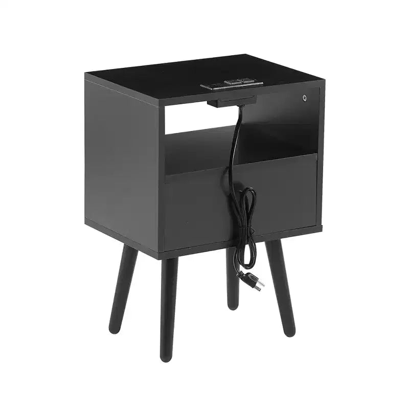 Tavolino da salotto con cassetto in rattan e gambe in legno massello, Nero