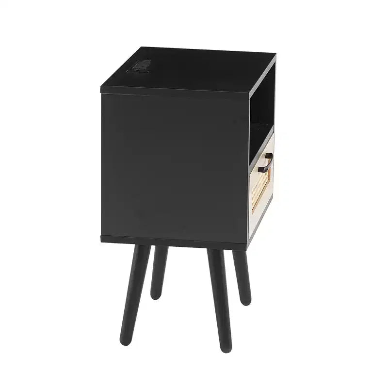 Tavolino da salotto con cassetto in rattan e gambe in legno massello, Nero