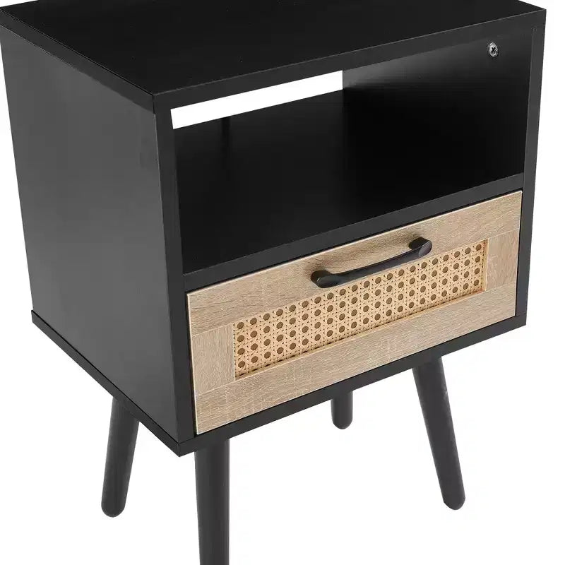 Tavolino da salotto con cassetto in rattan e gambe in legno massello, Nero