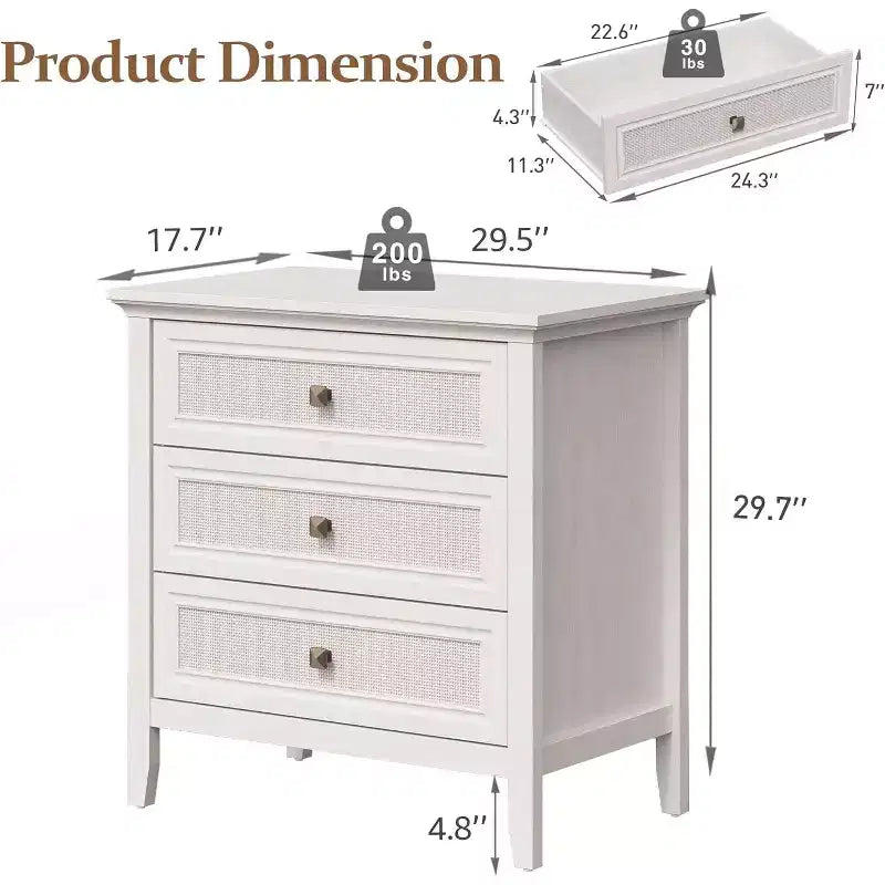 Cassettiera in rattan a 3 cassetti con pannelli effetto legno – Cassettiera Boho per camera da letto, armadio e ingresso