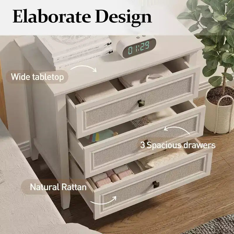 Cassettiera in rattan a 3 cassetti con pannelli effetto legno – Cassettiera Boho per camera da letto, armadio e ingresso