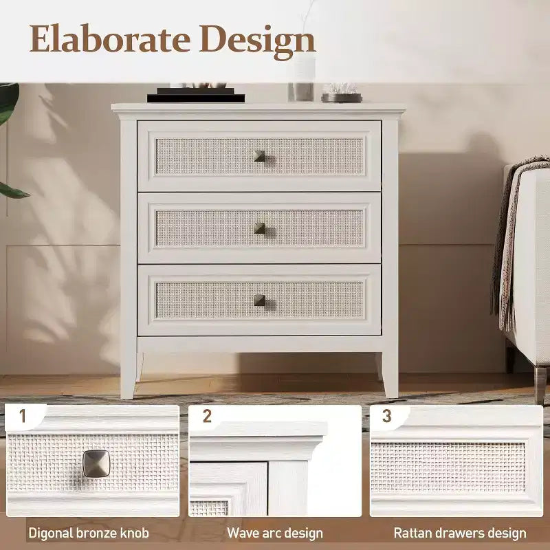 Cassettiera in rattan a 3 cassetti con pannelli effetto legno – Cassettiera Boho per camera da letto, armadio e ingresso