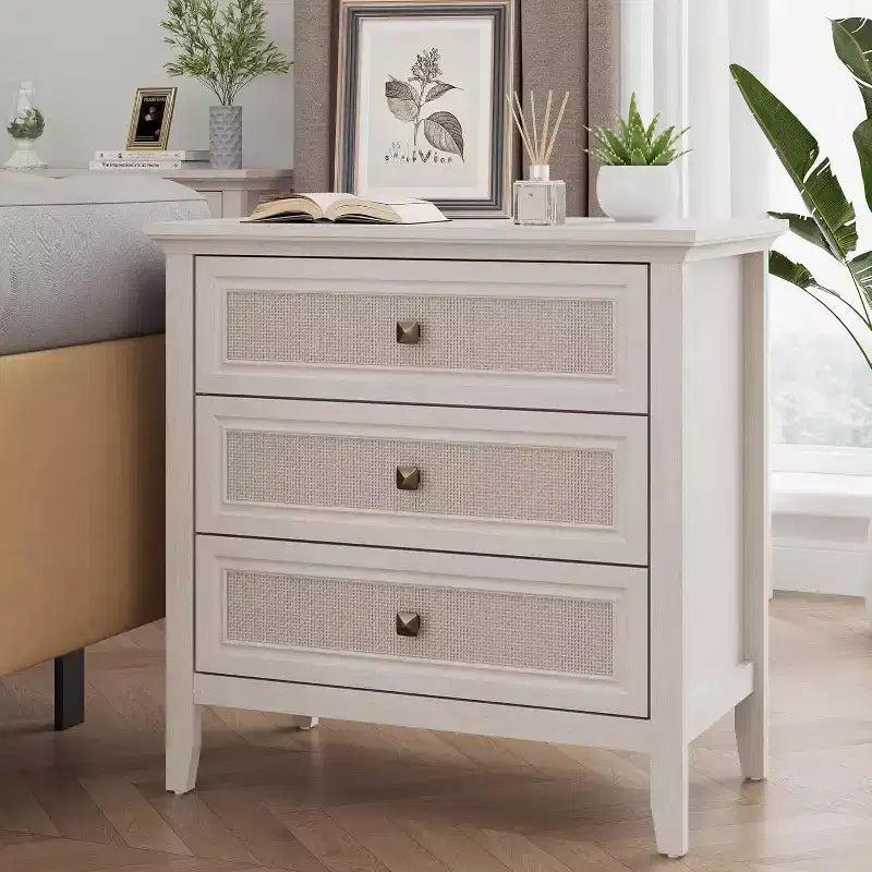 Cassettiera in rattan a 3 cassetti con pannelli effetto legno – Cassettiera Boho per camera da letto, armadio e ingresso