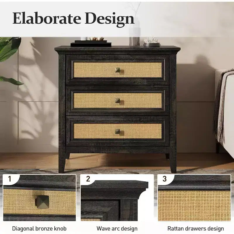 Cassettiera in rattan a 3 cassetti con pannelli effetto legno – Cassettiera Boho per camera da letto, armadio e ingresso