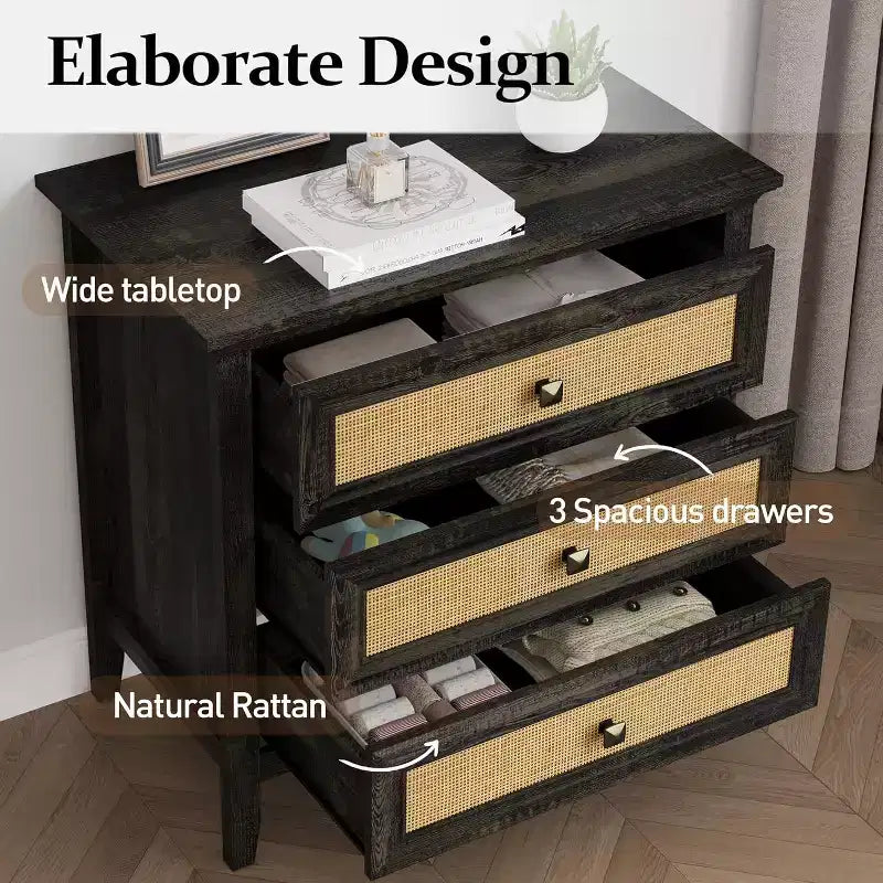Cassettiera in rattan a 3 cassetti con pannelli effetto legno – Cassettiera Boho per camera da letto, armadio e ingresso