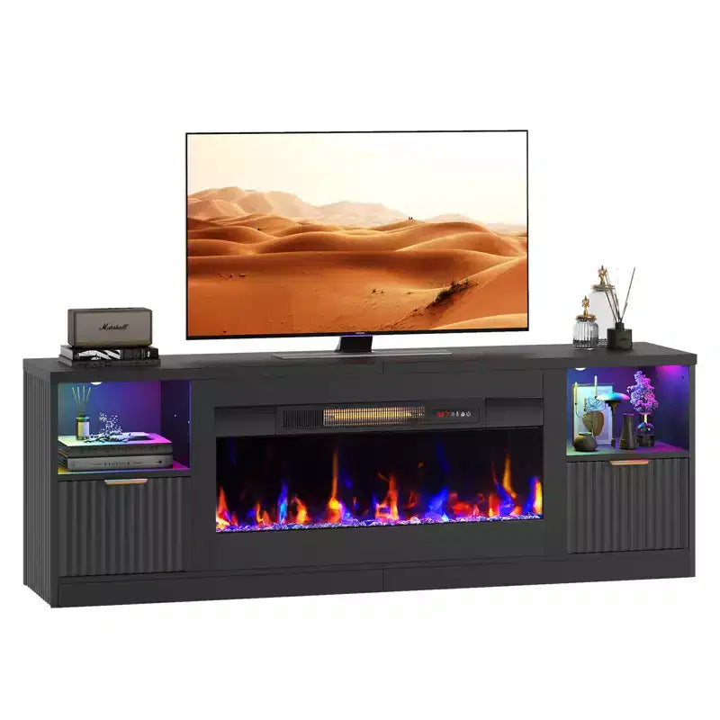 Mobile TV per caminetto scanalato lucido da 70" con caminetto elettrico da 36" e illuminazione a LED