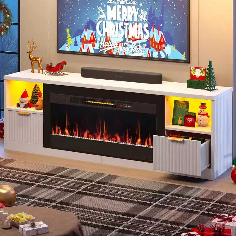 Mobile TV per caminetto scanalato lucido da 70" con caminetto elettrico da 36" e illuminazione a LED