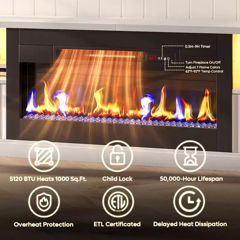 Mobile TV per caminetto scanalato lucido da 70" con caminetto elettrico da 36" e illuminazione a LED