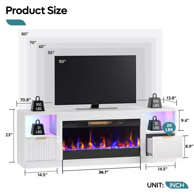 Mobile TV per caminetto scanalato lucido da 70" con caminetto elettrico da 36" e illuminazione a LED