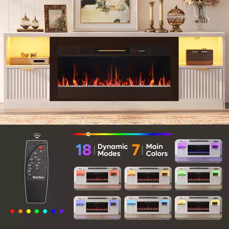 Mobile TV per caminetto scanalato lucido da 70" con caminetto elettrico da 36" e illuminazione a LED