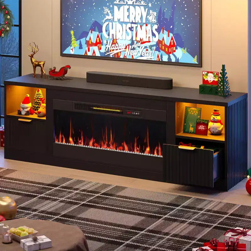 Mobile TV per caminetto scanalato lucido da 70" con caminetto elettrico da 36" e illuminazione a LED