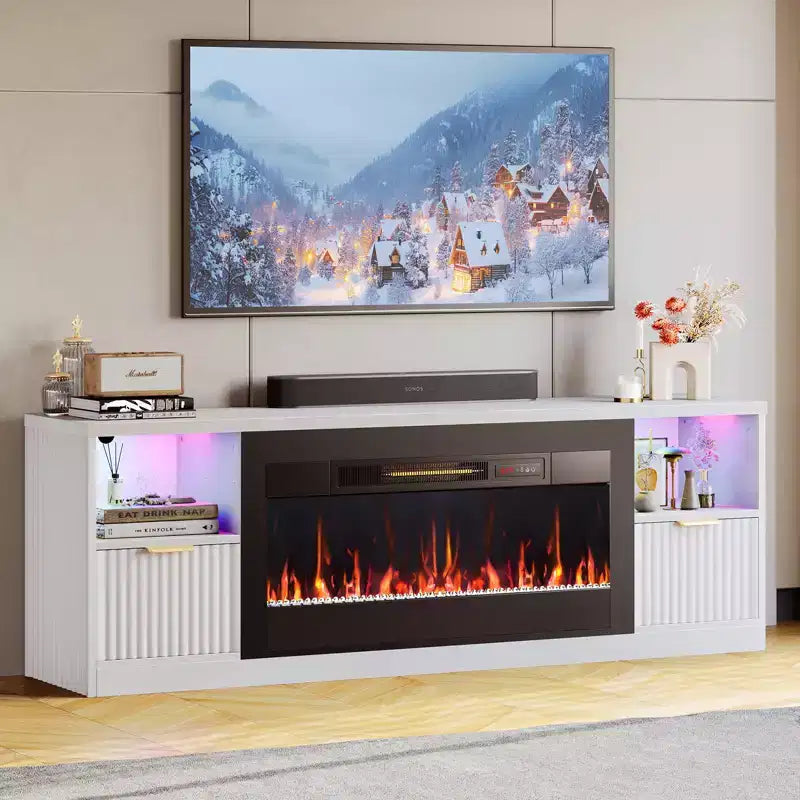 Mobile TV per caminetto scanalato lucido da 70" con caminetto elettrico da 36" e illuminazione a LED