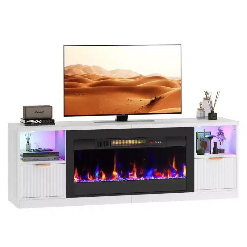 Mobile TV per caminetto scanalato lucido da 70" con caminetto elettrico da 36" e illuminazione a LED