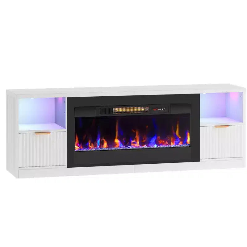 Mobile TV per caminetto scanalato lucido da 70" con caminetto elettrico da 36" e illuminazione a LED