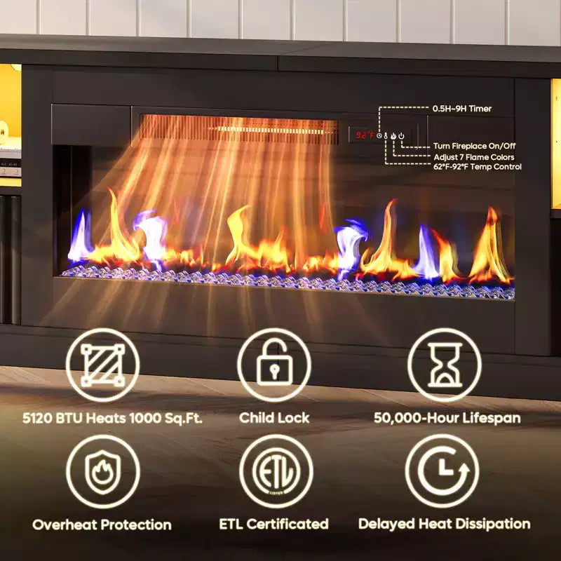 Mobile TV per caminetto scanalato lucido da 70" con caminetto elettrico da 36" e illuminazione a LED