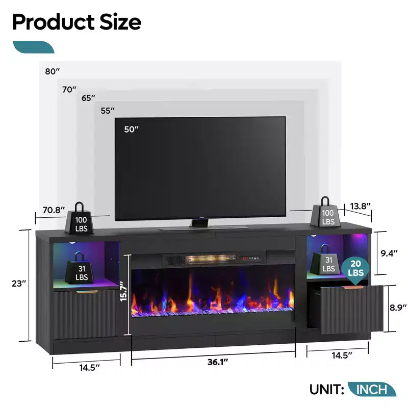 Mobile TV per caminetto scanalato lucido da 70" con caminetto elettrico da 36" e illuminazione a LED