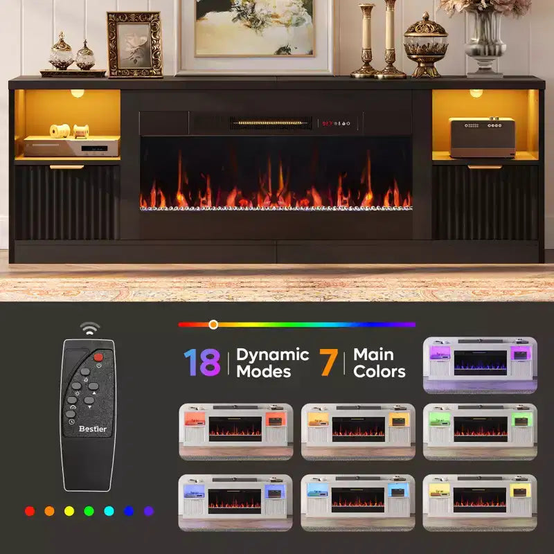 Mobile TV per caminetto scanalato lucido da 70" con caminetto elettrico da 36" e illuminazione a LED