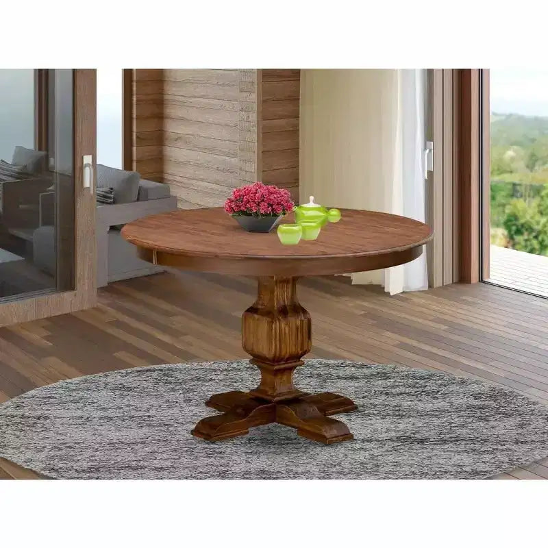 Tavolo da pranzo rotondo con base a piedistallo, legno di caucciù