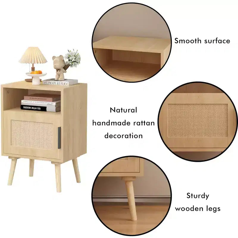 Comodino con cassetto in rattan e ripiano a giorno