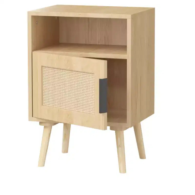 Comodino con cassetto in rattan e ripiano a giorno