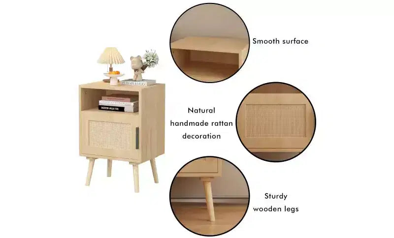 Comodino con cassetto in rattan e ripiano a giorno