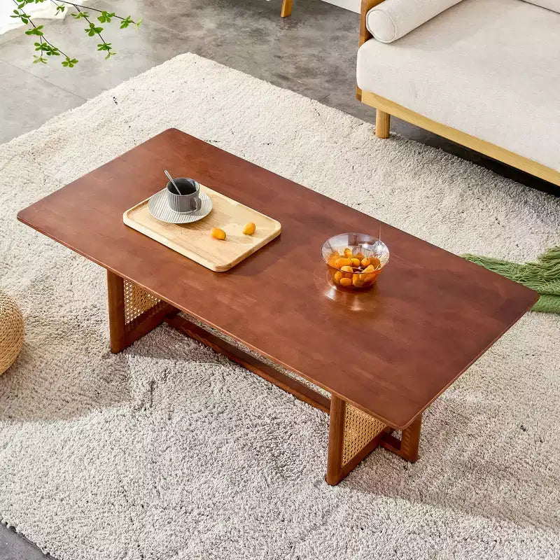 Tavolino da caffè in rattan – Legno massello rettangolare, 120 cm L x 60 cm P x 40 cm H, Naturale/Marrone