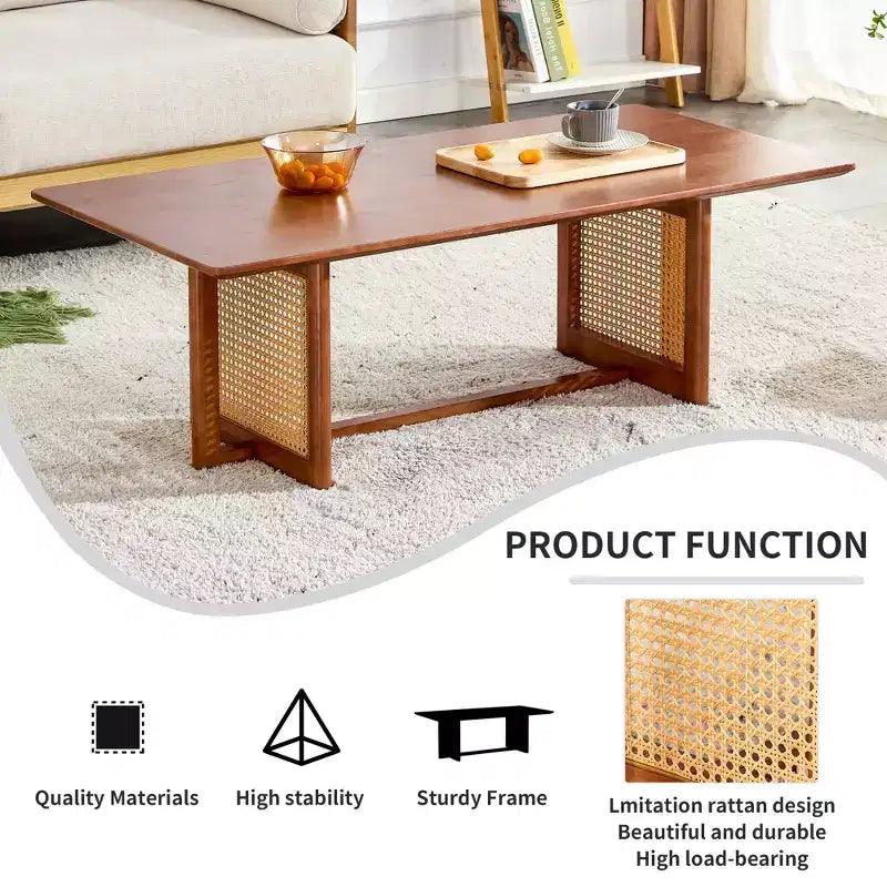 Tavolino da caffè in rattan – Legno massello rettangolare, 120 cm L x 60 cm P x 40 cm H, Naturale/Marrone