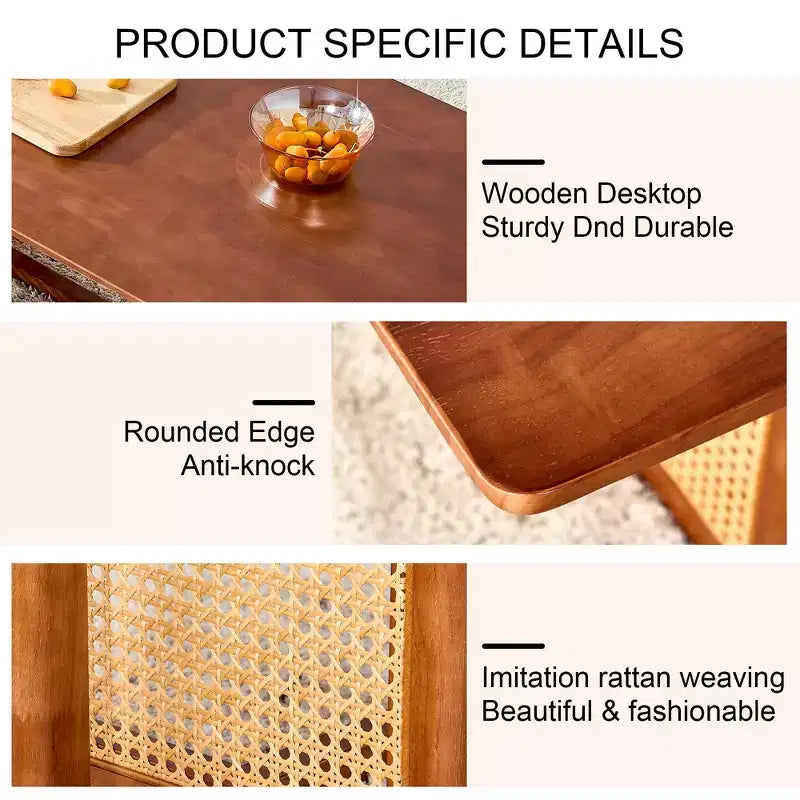 Tavolino da caffè in rattan – Legno massello rettangolare, 120 cm L x 60 cm P x 40 cm H, Naturale/Marrone