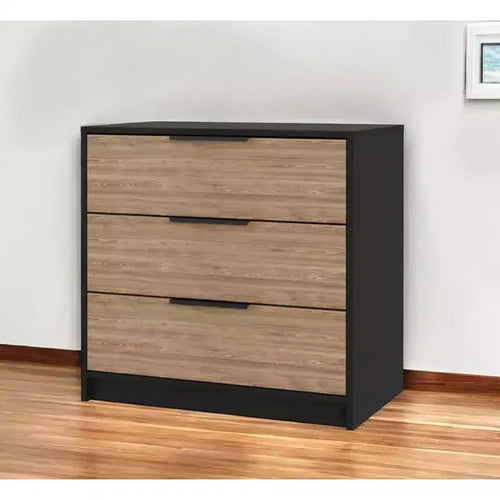 Comò a 3 cassetti con maniglie a scomparsa e design curvo – MDF, naturale e nero, piano ampio