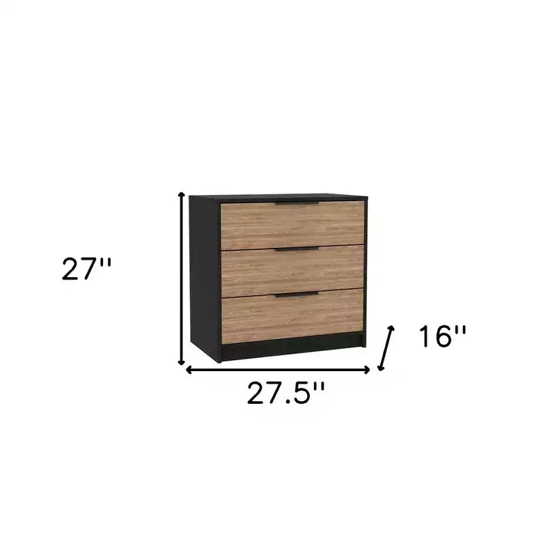Comò a 3 cassetti con maniglie a scomparsa e design curvo – MDF, naturale e nero, piano ampio
