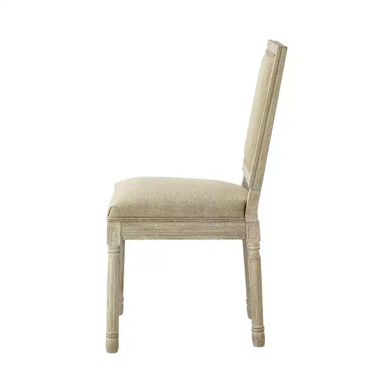 Sedia da pranzo senza braccioli in lino con finitura in legno anticato spazzolato – Set da 2, 95 cm H x 55 cm L x 50 cm P