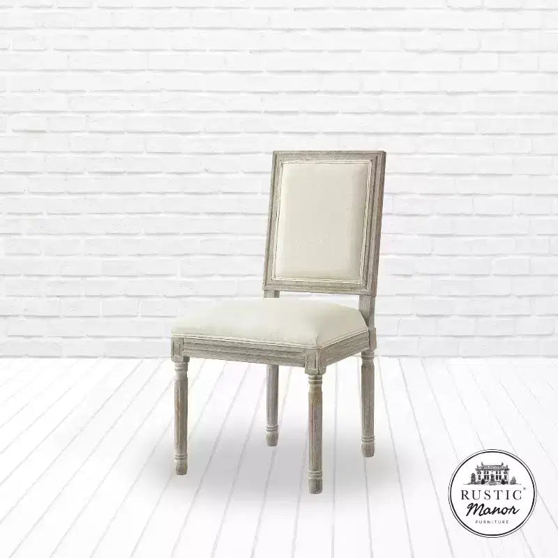 Sedia da pranzo senza braccioli in lino con finitura in legno anticato spazzolato – Set da 2, 95 cm H x 55 cm L x 50 cm P