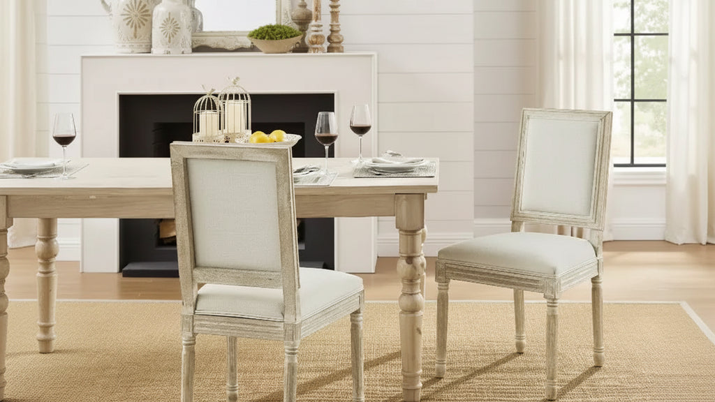 Sedia da pranzo senza braccioli in lino con finitura in legno anticato spazzolato – Set da 2, 95 cm H x 55 cm L x 50 cm P