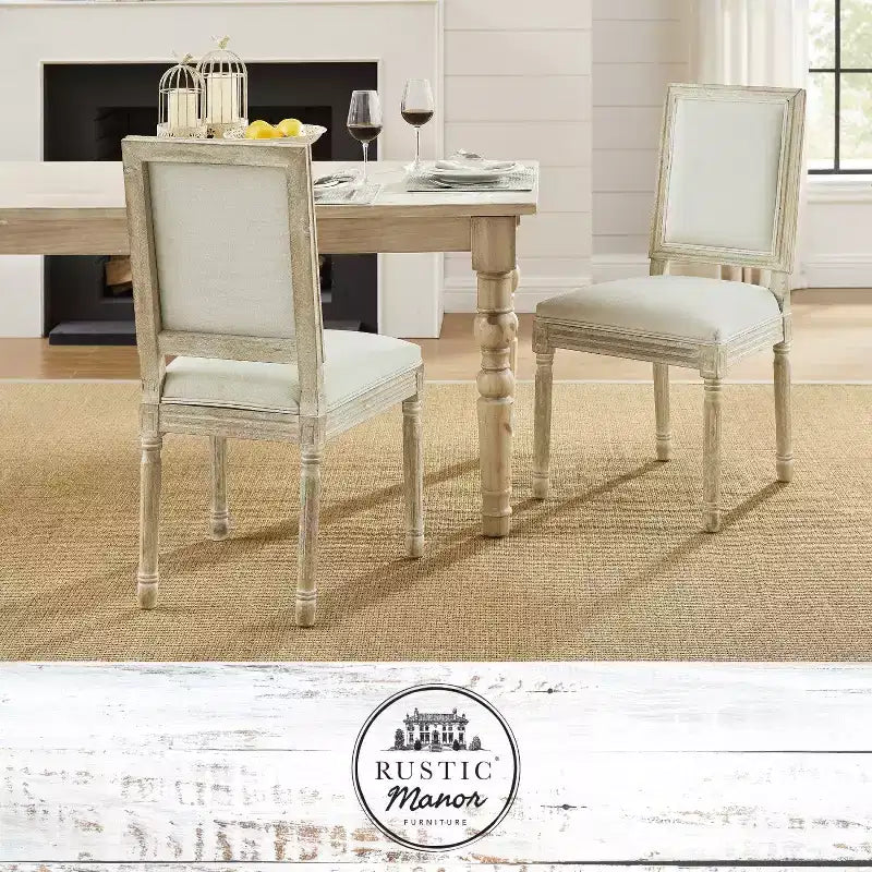 Sedia da pranzo senza braccioli in lino con finitura in legno anticato spazzolato – Set da 2, 95 cm H x 55 cm L x 50 cm P