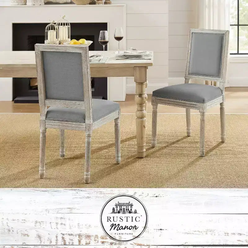 Sedia da pranzo senza braccioli in lino con finitura in legno anticato spazzolato – Set da 2, 95 cm H x 55 cm L x 50 cm P
