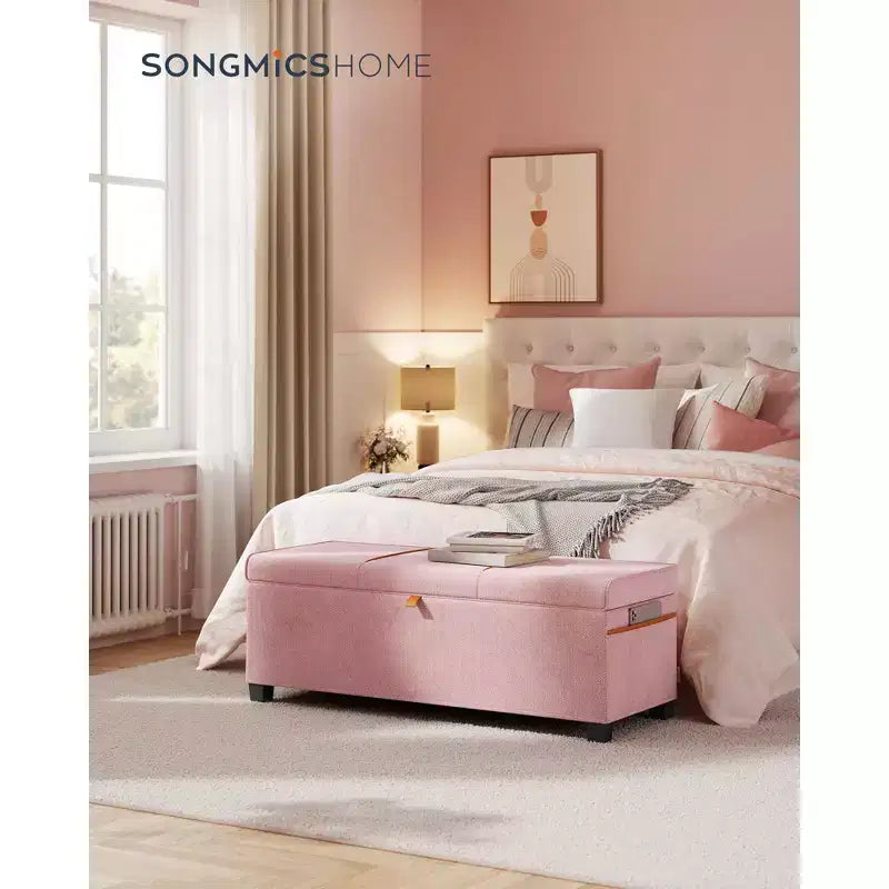 Panca contenitore pouf – 110 cm L x 40 cm P x 40 cm A, capacità 102 litri, ciniglia e telaio in acciaio, beige