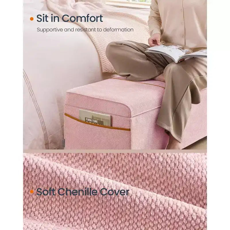 Panca contenitore pouf – 110 cm L x 40 cm P x 40 cm A, capacità 102 litri, ciniglia e telaio in acciaio, beige