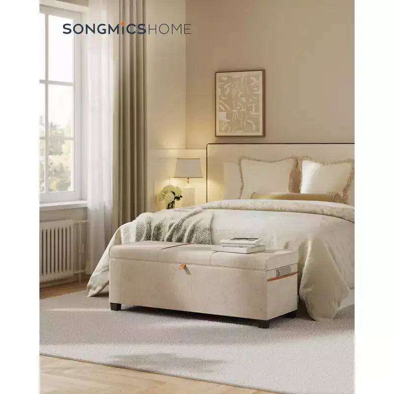 Panca contenitore pouf – 110 cm L x 40 cm P x 40 cm A, capacità 102 litri, ciniglia e telaio in acciaio, beige