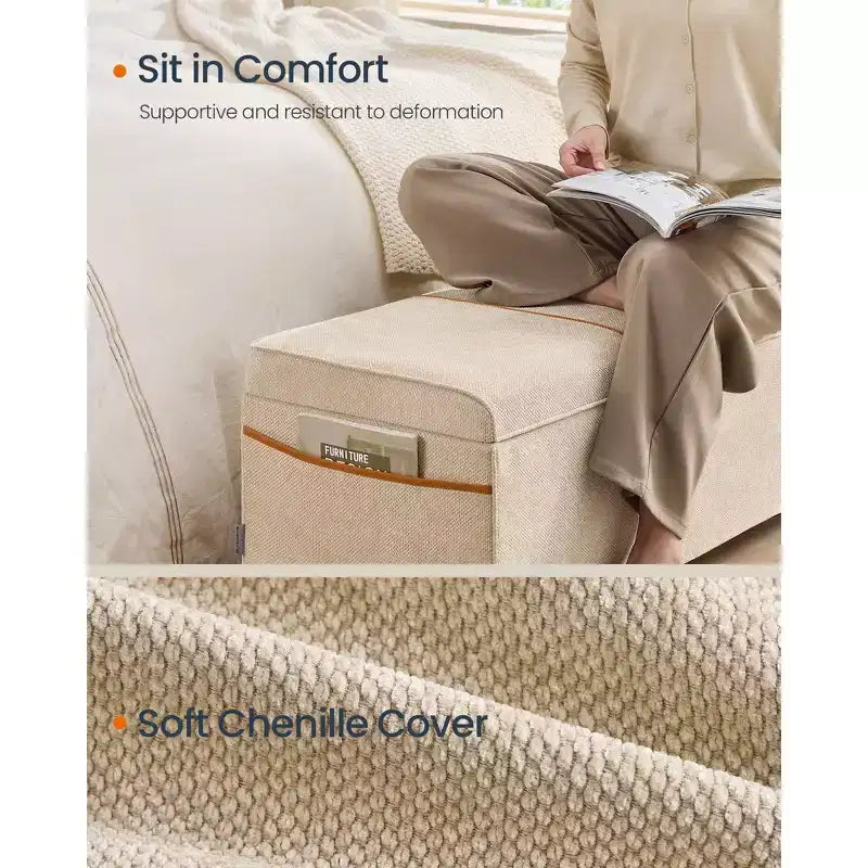 Panca contenitore pouf – 110 cm L x 40 cm P x 40 cm A, capacità 102 litri, ciniglia e telaio in acciaio, beige