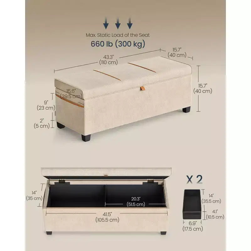 Panca contenitore pouf – 110 cm L x 40 cm P x 40 cm A, capacità 102 litri, ciniglia e telaio in acciaio, beige