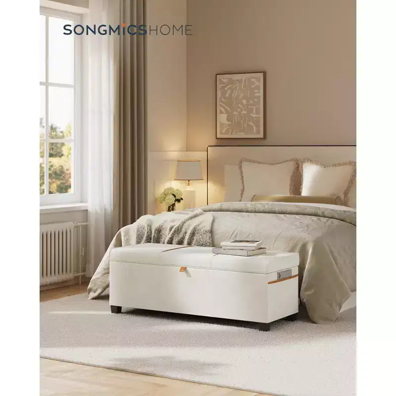 Panca contenitore pouf – 110 cm L x 40 cm P x 40 cm A, capacità 102 litri, ciniglia e telaio in acciaio, beige