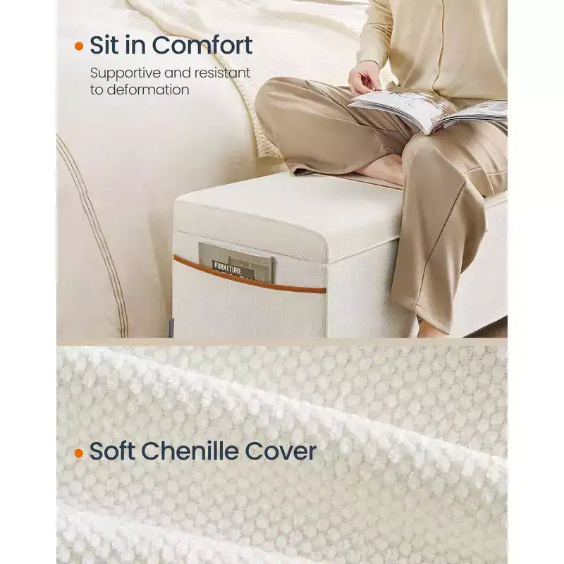Panca contenitore pouf – 110 cm L x 40 cm P x 40 cm A, capacità 102 litri, ciniglia e telaio in acciaio, beige