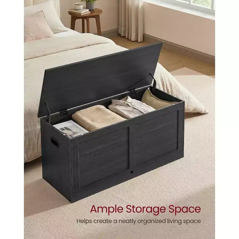 Cassapanca in legno con coperchio di sicurezza – 100 cm L x 40 cm P x 46,5 cm A, MDF, Grigio Scuro