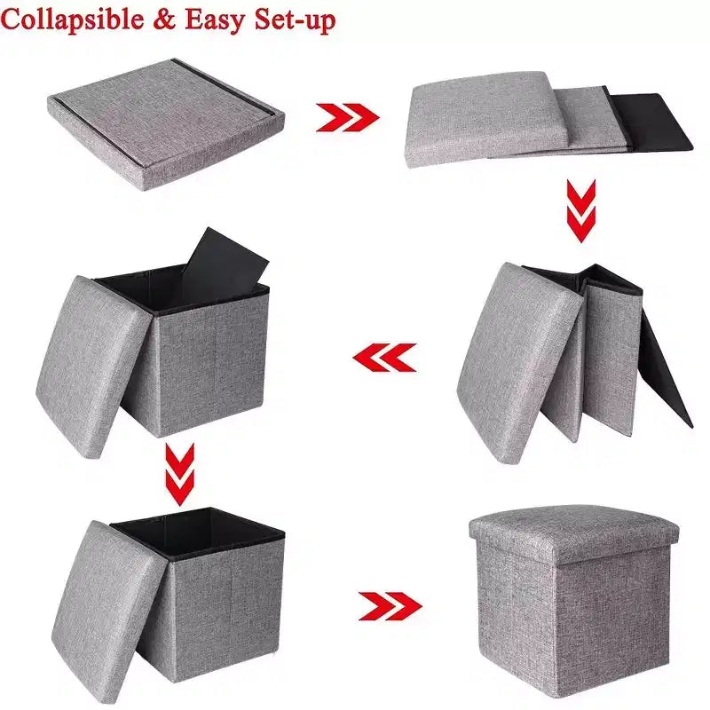 Pouf contenitore pieghevole cubo – Sgabello, poggiapiedi e tavolino 4 in 1, 30 x 30 x 30 cm, Grigio lino