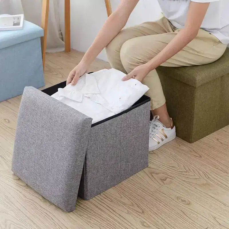 Pouf contenitore pieghevole cubo – Sgabello, poggiapiedi e tavolino 4 in 1, 30 x 30 x 30 cm, Grigio lino